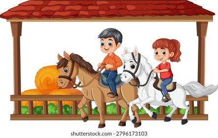 Two children riding horses in front of stable, cartoon vector style, bright colors