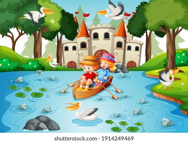 Two children row the boat in the river park scene illustration