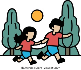 Two children are running in a park. One of them is holding the other's hand. The sun is shining brightly in the sky