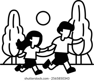 Two children are running in a park. The sun is shining brightly, and the sky is clear. Scene is joyful and playful