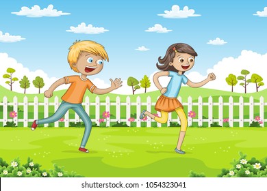 Two children are running through a park