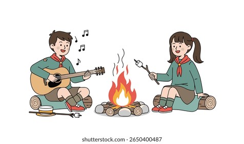 Two children in scout uniforms enjoy a campfire singing and roasting marshmallows