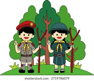Zwei Kinder in Pfadfinderuniformen sind in einem Wald 