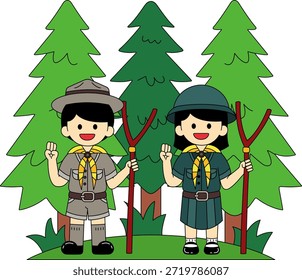 Zwei Kinder in Pfadfinderuniformen sind in einem Wald 