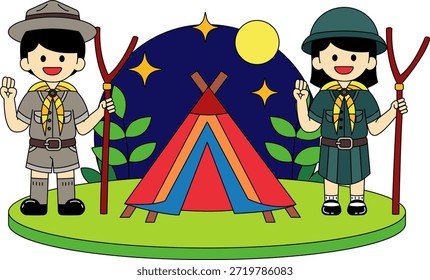 Zwei Kinder in Pfadfinderuniformen stehen vor einem Zelt