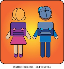 Two children seen from behind, holding hands and wearing school backpacks. Friendly flat vector illustration – ideal for back-to-school visuals, educational materials, and childhood themes.