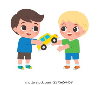 Two children are sharing a toy car, reflecting the value of cooperation in childhood.