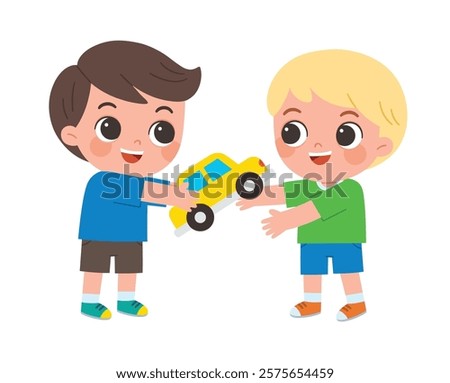 Two children are sharing a toy car, reflecting the value of cooperation in childhood.