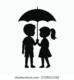Two children sharing an umbrella representing care, friendship, and childhood bonding silhouette vector
