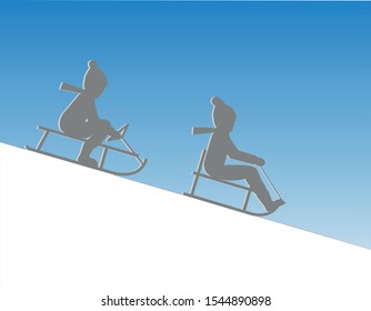 Two children in silhouette sledding down a hill. Vector Illustration.