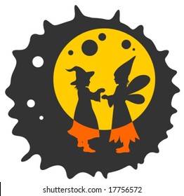 Two children silhouettes on a moon background. Halloween illustration.