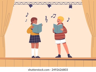 Two Children Singing In A Choir, Standing On A Stage With Music Notes Around Them. Kids Are Holding Open Music Books