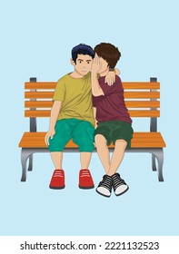 Two children sit on a bench, one whispering a secret into the other's ear while the other opens his mouth in surprise