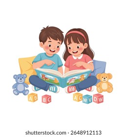 Two children sit together, reading a book.  They are pointing at the pages.  Teddy bears and alphabet blocks are around them.