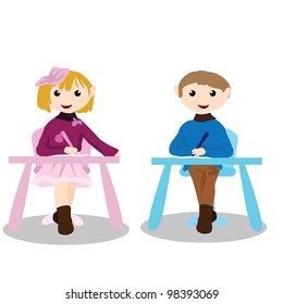 two children siting on the chair and writing