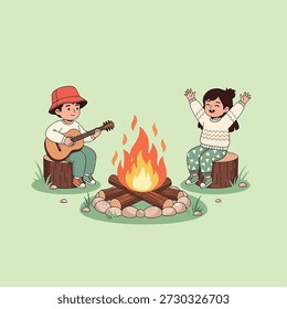 Two children are sitting around a campfire. One plays guitar, the other dances with joy.