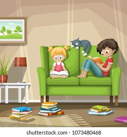 Two children are sitting on a couch and reading in a book.