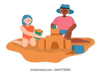 Zwei Kinder, die auf den Knien am Strand sitzen und in den Sommerferien fröhlich ein Sandschloss bauen, zusammen mit buntem Sandspielzeug unter der warmen Sonne spielen