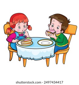 Two children are sitting at a table with a blue tablecloth. The child on the left has red hair and a pink sweater, and the child on the right has brown hair and a green sweater with yellow sleeves. 