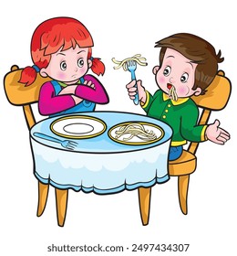 Two children are sitting at a table with a plate of spaghetti. One child, on the left, with red hair, is watching the other child with her arms crossed. 