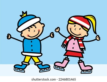 Two children skating on a winter rink. Boy and girl in winter dress. Vector color illustration on blue background.