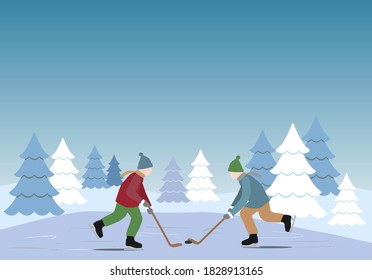 Two children skating and playing hockey on a frozen winter lake. Scandinavian snowy winter landscape. Vector illustration