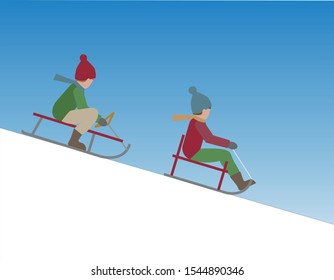 Two children sledding down a hill. Vector Illustration.