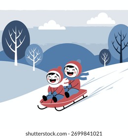 Zwei Kinder rodeln einen schneebedeckten Hügel hinunter und genießen eine winterliche Aktivität in einer kalten Umgebung.