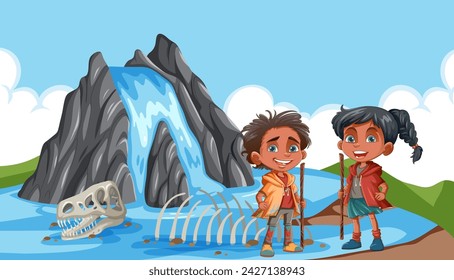 Two children smiling near a dinosaur skeleton and waterfall