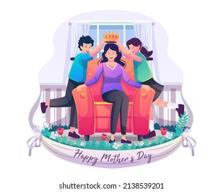 Two children son and daughter are putting a crown on their mother who is sitting on the sofa. Happy mother's day. Flat style vector illustration