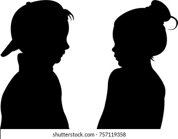 two children speaking, silhouette vector