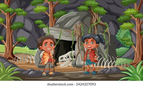 Zwei Kinder stehen vor einer Höhle mit einem Schädel.