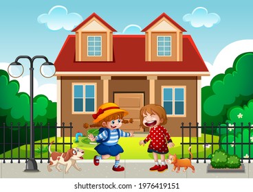 Two children standing in front of the house illustration