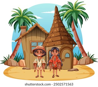Two children standing in front of huts