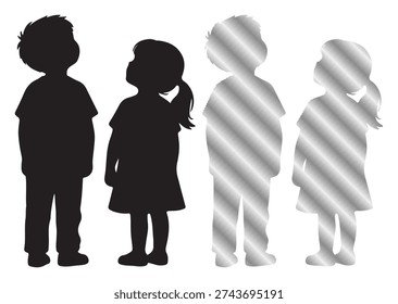 Two children standing side by side. Kids looking up. Cute boy and girl black and white.