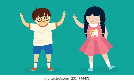Two children are standing and waving their hands. Vector illustration in flat style.