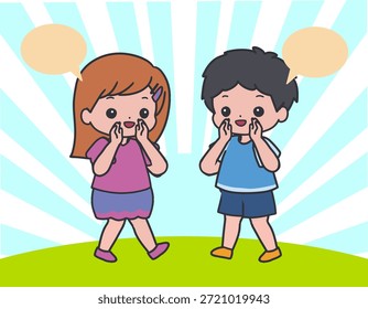 Zwei Kinder reden und flüstern süß Vektor. Perfekt für Kinderkommunikation, Freundschaft, Schulplakate, frühkindliches Lernmaterial, Storytelling, Kinderbücher und Bildungsinhalte.