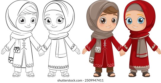 Two children in traditional attire holding hands