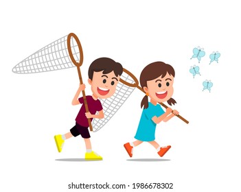 Two children try to catch a butterfly with their own net