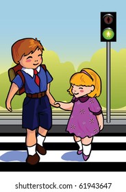 Two children use a cross walk to cross the street.
