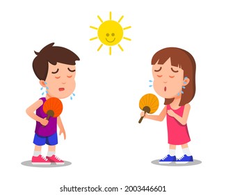 two children using manual hand fans due to heat stroke