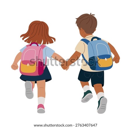 Two children walk hand in hand, backpacks on. They run with joy, skipping through sunlit paths. Each carries a colorful bag, full of school supplies. The girl has brown hair, the boy has short