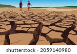 Two children walk on dry ground cracked by drought. Climate change and global warming effect illustration