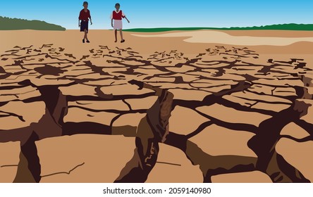 Two children walk on dry ground cracked by drought. Climate change and global warming effect illustration