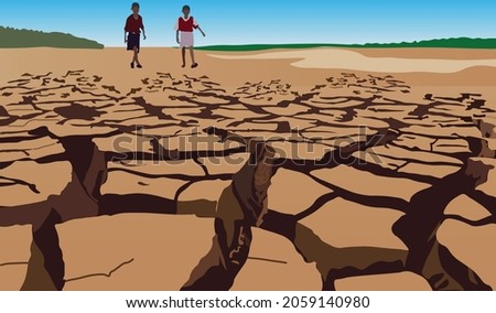 Two children walk on dry ground cracked by drought. Climate change and global warming effect illustration