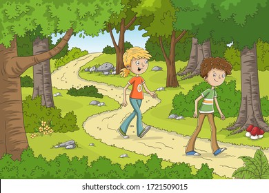 Two children are walking through the forest. Hand drawn vector illustration with separate layers.