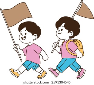 Two children walking vigorously with a small flag. minimal line art vector illustration.