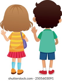 Two children waving standing back view