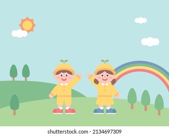 Two children are waving and welcoming in the park. Kindergarten character vector illustration.