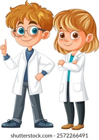 Two children wearing lab coats, smiling confidently